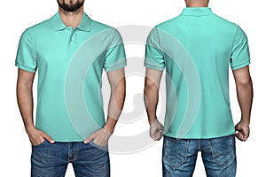 Men in blank turquoise polo shirt, front and back view, white background. Design polo shirt, template and mockup for print.