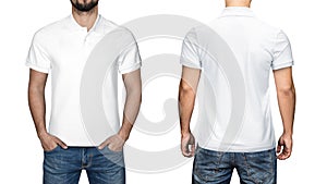 Men in blank white polo shirt, front and back view, white background. Design polo shirt, template and mockup for print.