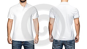 Men in blank white polo shirt, front and back view, white background. Design polo shirt, template and mockup for print.