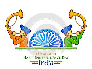 Men blowing tutari horn showing welcome on India background for Happy Independence Day of India