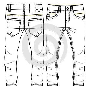 Men Boys Classic Pant fashion flat sketch template. Technical Fashion Illustration. Woven CAD. Neon Contrast Chainstitch Details