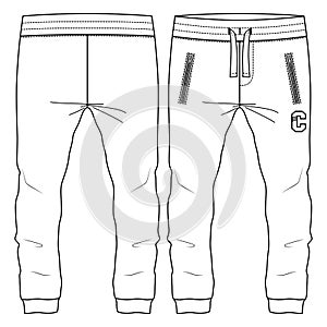 Men Boys Jogger Pant fashion flat sketch template. Technical Fashion Illustration. Knit Fleece CAD