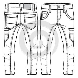 Men Boys Multiple Pockets Pant fashion flat sketch template. Technical Fashion Illustration. Denim twill woven CAD. Side Pocket