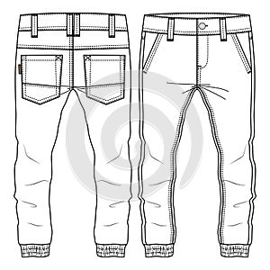 Men Boys Pant fashion flat sketch template. Technical Fashion Illustration. Woven CAD