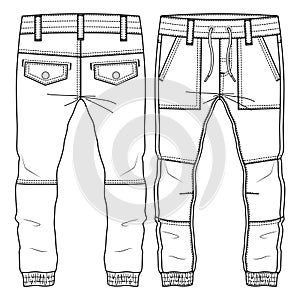 Men Boys Pant fashion flat sketch template. Technical Fashion Illustration. Woven CAD