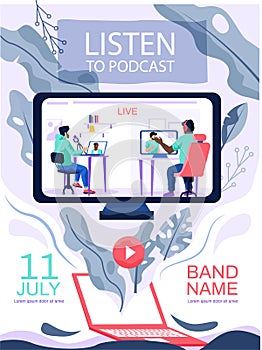 Men broadcast live in studio or radio station. Listening to podcasts online concept poster