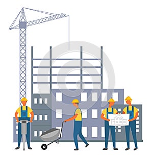 Men builders in uniform and helmet work with equipment and drawings on building construction
