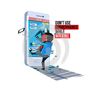 Men bumped into the smartphone with text Don`t use smartphones while walking - vector illustraion photo