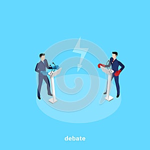 Men in business suits and boxing gloves stand behind the stands with a microphone and conduct debates