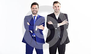 Men businessman formal suit stand confidently with crossed arms white background. Confident business bosses. Join