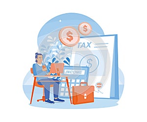 Men calculate and analyze corporate income and taxes. Accountants prepare tax documents.