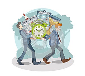 Men carry clock, calendar and hourglasses. Time organization and management concept