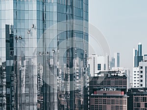 Men cleaning the glass windows of a luxury tower - View of modern offices and skyscrapers - Abu Dhabi city