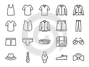 Men clothes icon set. Included the icons as shorts, workwear, fashion, jean, shirt, pants, accessories and more.