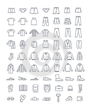 Men clothes shoes and accessories simple line vector icons