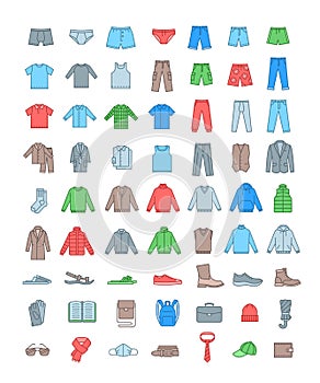 Men clothes shoes simple line color fill icons