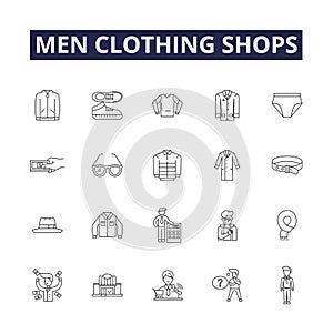 Men clothing shops line vector icons and signs. Apparel, Garments, Menswear, Fashions, Clothing, Suits, Slacks, Shirts