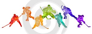 Men colorful silhouettes of hockey players. Hockey vector illustration.