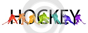 Men colorful silhouettes of hockey players. Hockey vector illustration.