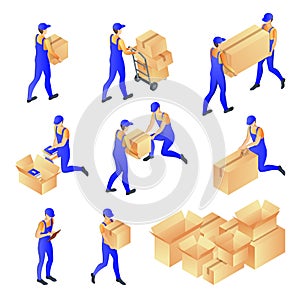 Men in courier uniforms pack and carry mail boxes. Vector 3d isometric illustration. Moving, postal or delivery service