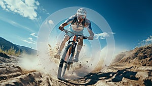 Men cycling in nature, extreme sport, speed, adventure, outdoors generated by AI