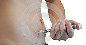 Men diabetes patient using insulin injection pen in abdomen area on white background isolate