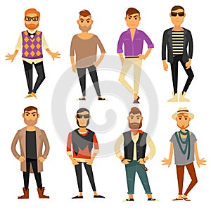 Men in different casual fashion clothes styles vector flat icons set