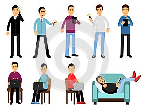 Men with different devices set, people using electronic gadgets in different situations cartoon vector Illustrations