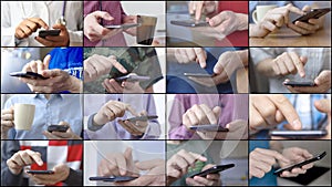 Men in different situations texting or typing message on smartphones.