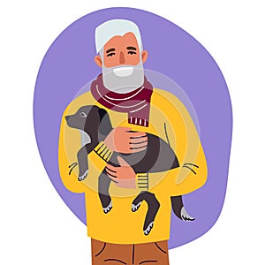Men with dog, best friends, walk with pets, color flat illustration