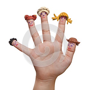 Men drawn on the fingers with plasticine wigs