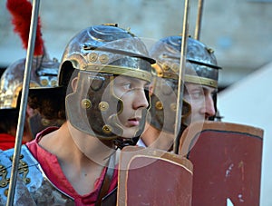 Men dressed as Roman soldier for tourists in the Old Town of Pula