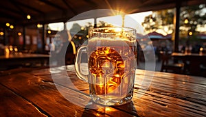 Men drinking beer at a pub table in the summer generated by AI