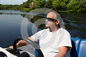 Men driving motor boat