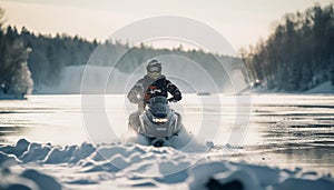 Men driving motorcycles in the snow, extreme winter adventure generated by AI