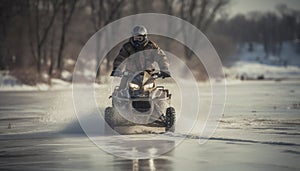 Men driving off road vehicles in winter, splashing through snow, creating excitement generated by AI
