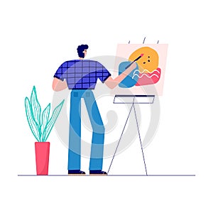 Men enjoying his hobbies, work, leisure. Character drawing. Designer and artist at work . Vector illustration in flat cartoon