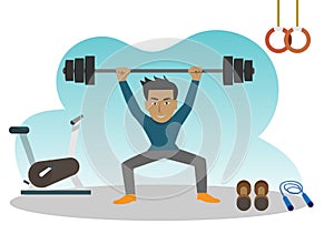 Men exercising with Sports equipment to practice weightlifting metal dumbbell healthy lifestyle vector illustration flat design