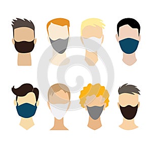 Men face collection without eyes with a medical mask. Boys avatar set with different hair style, isolated on white. Flat concept