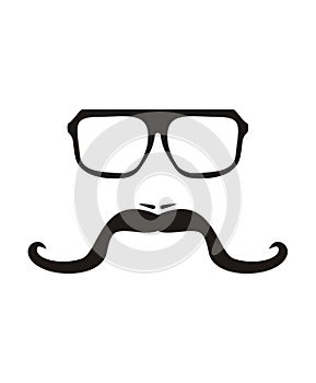 Men face with long mustache and huge, hipster glasses.