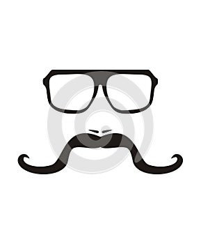 Men face with long mustache and huge, hipster glasses. photo