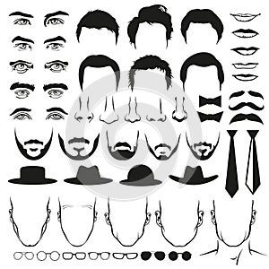 Men face parts. Eyes, noses, mustaches, glasses, hats, lips, hairstyle, ties and beards. Vector set