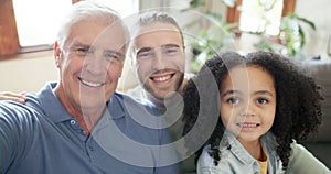 Men, family and selfie on s sofa with boy, father and grandparent bonding in their home together. Portrait, smile and