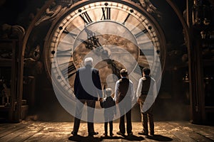 Men family stand in front of big clock. Generate Ai