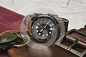 Men fashion and accessories, Wrist watch with brown leather strap, Stylish men stuff, Diving watch