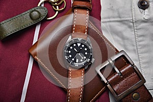 Men fashion and accessories, Wrist watch with brown leather strap, Stylish men stuff, Diving watch