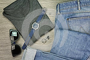 Men Fashion, Casual outfits, Set of clothes and various accessories. photo