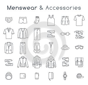 Men fashion clothes and accessories flat line vector icons