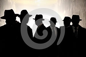 Men in fedora hats silhouette. Security, Privacy, Surveillance Concept.