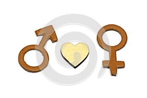 Men and Female with love abstract symbol made of leather isolated on white background